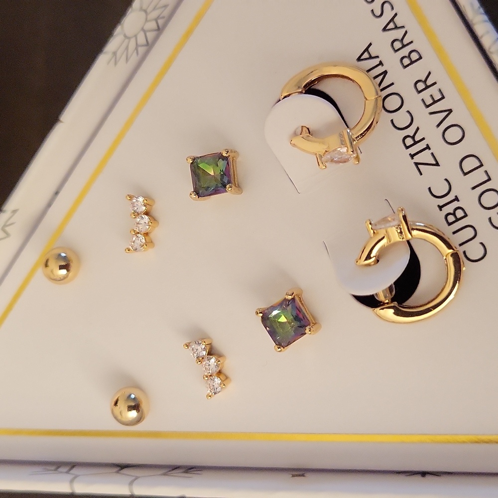 Macy's 4 Pair Earrings, Cubic Zirconia-18K Gold Over Brass Gift Set